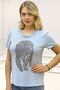 Tiger Crystal Stone Large Size Crew Neck Baby Blue Cotton Women's T-shirt