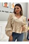 Design Beige Embroidery Embroidered Linen Blouse - 3