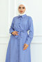 Women's Cobalt Blue Satin Long White Striped Hijab Dress with Belt - 6