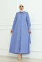 Women's Cobalt Blue Satin Long White Striped Hijab Dress with Belt - 4