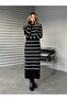 Women's Striped Long Sleeve Knitwear Dress - Black - 4