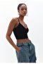 Women's Black Scuba Fabric V-Neck Rope Strap Crop Top - 3