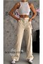 Women's Beige Linen High Waist Trousers with Cargo Pockets - 2