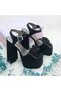 16 cm High Heeled Women's Black Satin Evening Dress Shoes with Low Slope Platform and Bow Detail - 2