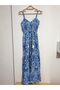Women's Thin Straps Elastic Waist Tasseled Ethnic Patterned Maxi Blue Dress - 7