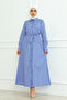 Women's Cobalt Blue Satin Long White Striped Hijab Dress with Belt - 2