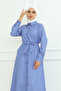 Women's Cobalt Blue Satin Long White Striped Hijab Dress with Belt - 8