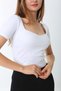 Women's White Short Sleeve Heart Collar T-Shirt Blouse Ribbed Camisole - 2