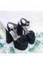 16 cm High Heeled Women's Black Satin Evening Dress Shoes with Low Slope Platform and Bow Detail - 4
