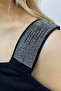 Loose Cut Plus Size One-Shoulder Open Strap Crystal Stone Stylish Comfortable Black Women's Cotton T-Shirt - 3