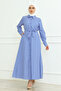 Women's Cobalt Blue Satin Long White Striped Hijab Dress with Belt - 7