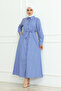 Women's Cobalt Blue Satin Long White Striped Hijab Dress with Belt