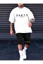 Paris Romantic T-Shirt Combed Cotton Shorts - White Black Shorts T-Shirt Set Printed Oversize Crew Neck - 2
