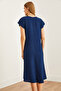 Women's Navy Blue V Neck Woven Viscose Loose Dress Elb- 19002245 - 5