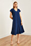 Women's Navy Blue V Neck Woven Viscose Loose Dress Elb- 19002245 - 2