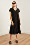 Women's Black V-Neck Woven Viscose Loose Dress Elb- 19002245 - 3