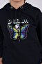 Butterfly Print Detailed Kangaroo Pocket Hooded Girl's Tracksuit Set - 4