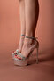 Haze Stone Detailed Ankle Strap Silver Silver 15 cm Women's Classic Platform Heeled Shoes - 6