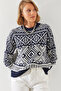 Women's Navy Blue Ecru Jacquard Sweater 20246194