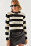 Women's Black Ecru Striped Crew Neck Sweater 20247503