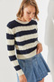 Women's Ecru Navy Blue Striped Crew Neck Sweater 20247503 - 6