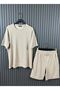 Men's Cream Corduroy Comfortable Loose Fit Loose T-Shirt Shorts Set