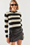 Women's Black Ecru Striped Crew Neck Sweater 20247503 - 3