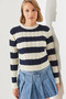 Women's Ecru Navy Blue Striped Crew Neck Sweater 20247503 - 4
