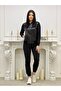 All Crystal Stone Faux Leather Three Thread Zippered Black Cotton Women's Tracksuit Set - 5