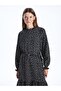 Black Printed Stand Collar Patterned Long Sleeve Women's Dress - 3