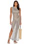 Women's Crew Neck Thin Strap Sleeveless Slit Mesh Backless Long Gray Beach Dress