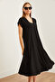 Women's Black V-Neck Woven Viscose Loose Dress Elb- 19002245 - 6