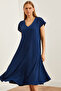Women's Navy Blue V Neck Woven Viscose Loose Dress Elb- 19002245