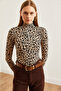 Women's Leopard Beige Zipper Turtleneck Lycra Blouse Blz- 19001155 - 4