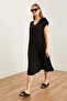 Women's Black V-Neck Woven Viscose Loose Dress Elb- 19002245 - 7