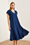 Women's Navy Blue V Neck Woven Viscose Loose Dress Elb- 19002245 - 3