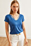 Women's Indigo Collared Lace Loose Viscose Blouse Blz-19000873 - 5