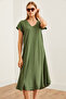 Women's Khaki V Neck Woven Viscose Loose Dress Elb- 19002245 - 6