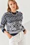 Women's Navy Blue Ecru Jacquard Sweater 20246194 - 4