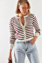 Women's Ecru Burgundy Striped Sweater 20247506 - 2