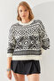 Women's Ecru Black Jacquard Sweater 20246194 - 5