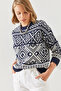 Women's Navy Blue Ecru Jacquard Sweater 20246194 - 5