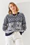 Women's Navy Blue Ecru Jacquard Sweater 20246194 - 2