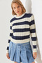 Women's Ecru Navy Blue Striped Crew Neck Sweater 20247503 - 3