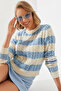 Women's Ecru Baby Blue Striped Crew Neck Sweater 20247503