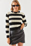 Women's Black Ecru Striped Crew Neck Sweater 20247503 - 5