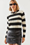 Women's Black Ecru Striped Crew Neck Sweater 20247503 - 6