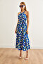 Women's Daisy Cobalt Blue Halter Neck Belted Woven Viscon Dress Elb- 19001548 - 3