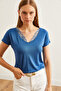 Women's Indigo Collared Lace Loose Viscose Blouse Blz-19000873 - 4