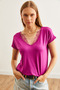 Women's Purple Collared Lace Loose Viscose Blouse Blz-19000873 - 3